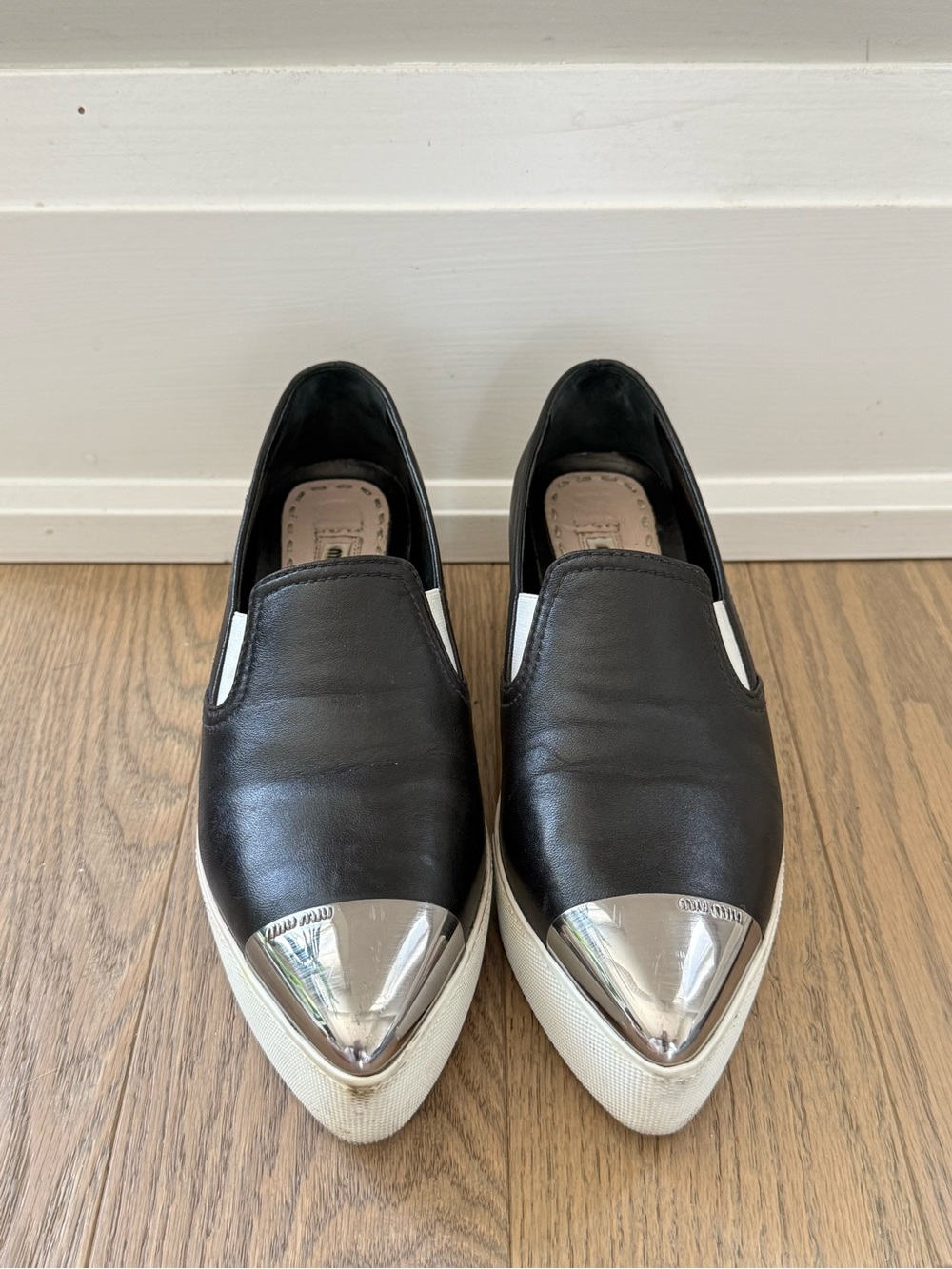 Miu Miu Black Leather Metal Toe Platform Slip-On Sneakers Size EU38